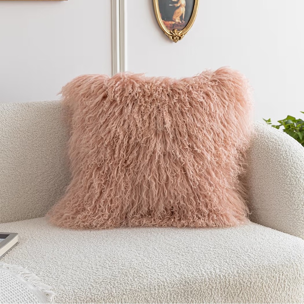 Mongolian Lamb Fur Pillow Covers Sheepskin Genuine Wool Fur (18 * 18inch Pink)